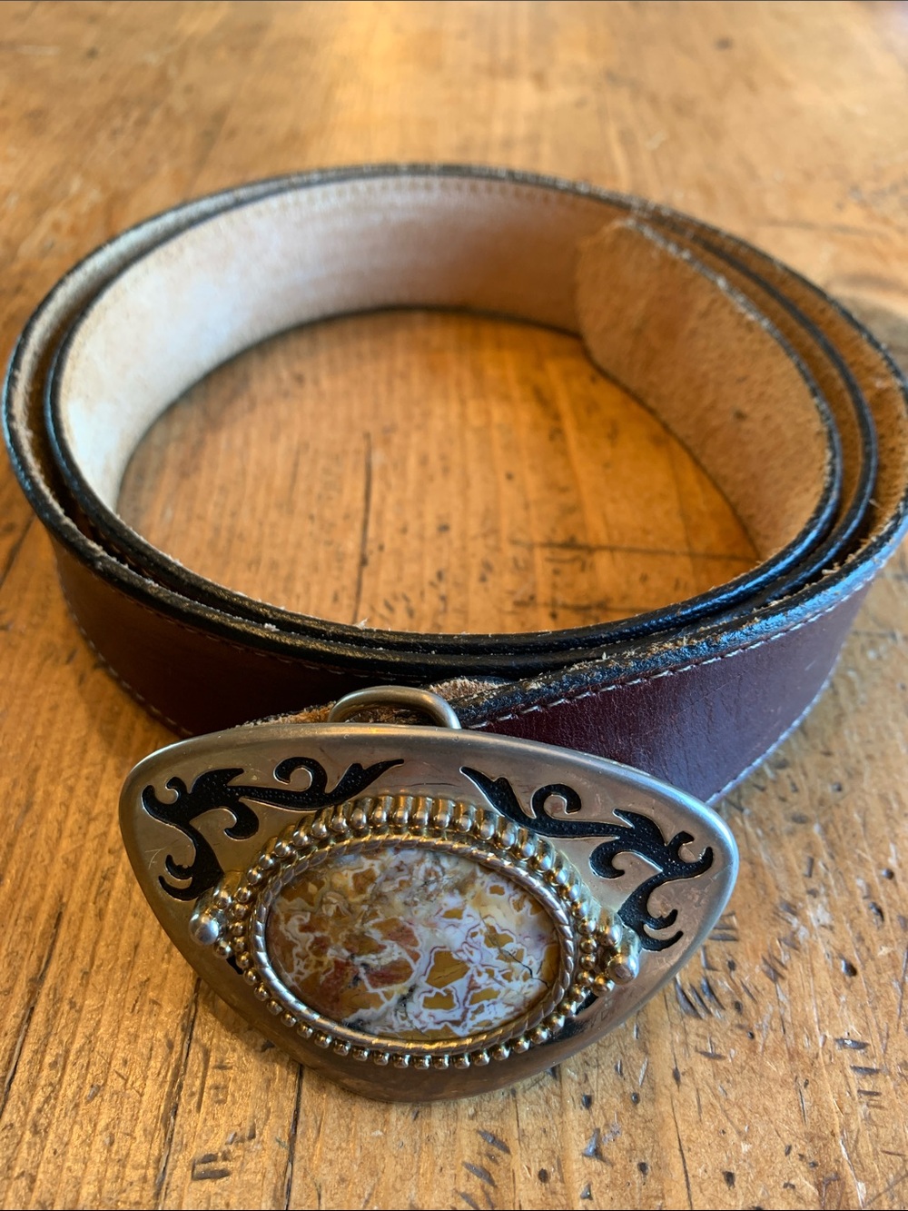 Brown Leather Belt with Agate Stone Buckle - Picture 14 of 16